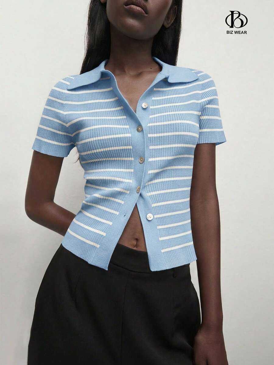 Vera Striped Short Sleeve Knit Top - Blue