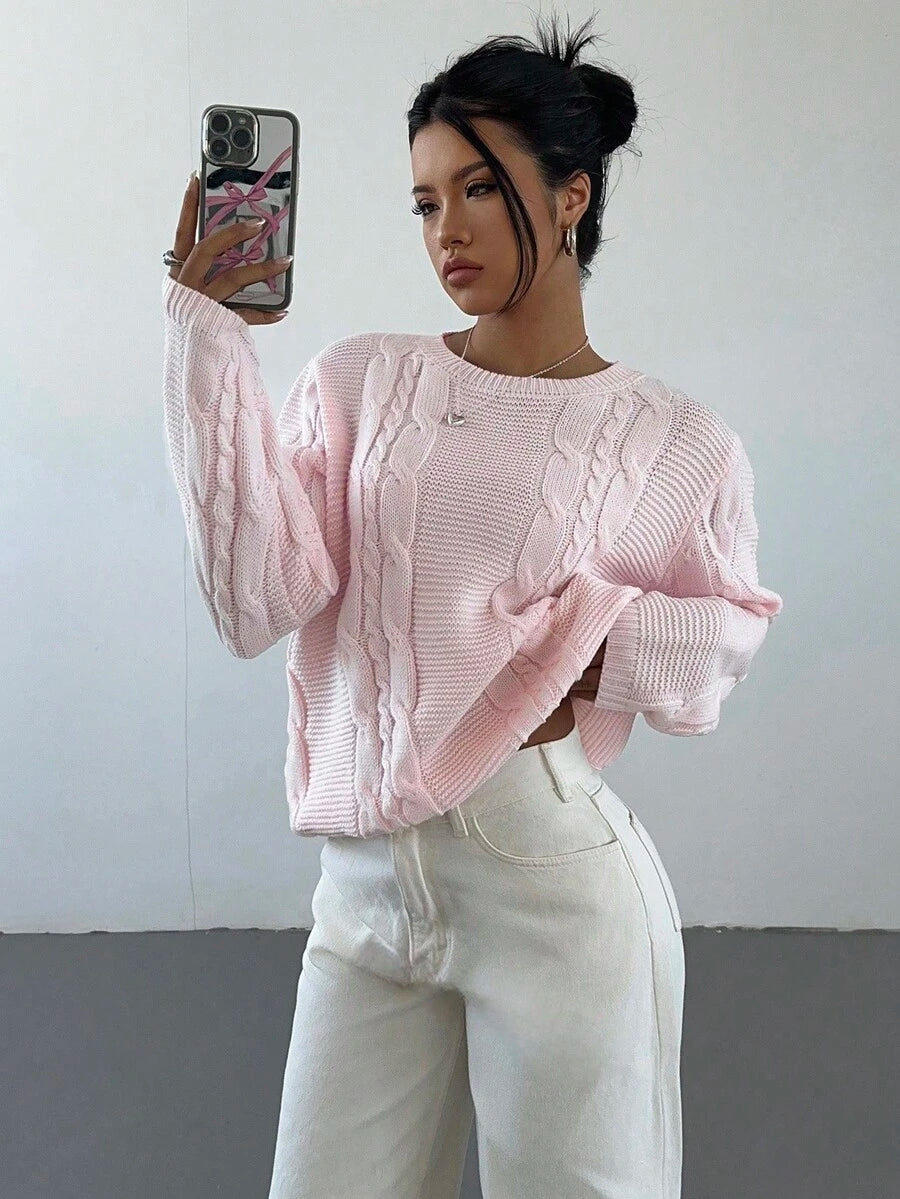 Noemi Relaxed Crew Neck Cable Knit Sweater with Drop Shoulders - Baby Pink