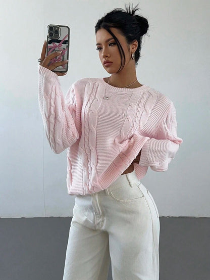 Noemi Relaxed Crew Neck Cable Knit Sweater with Drop Shoulders - Baby Pink