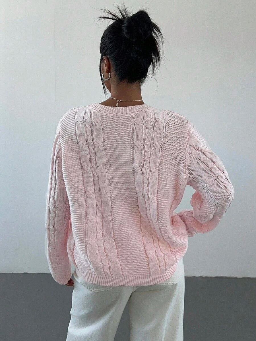 Noemi Relaxed Crew Neck Cable Knit Sweater with Drop Shoulders - Baby Pink