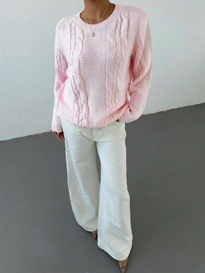 Noemi Relaxed Crew Neck Cable Knit Sweater with Drop Shoulders - Baby Pink