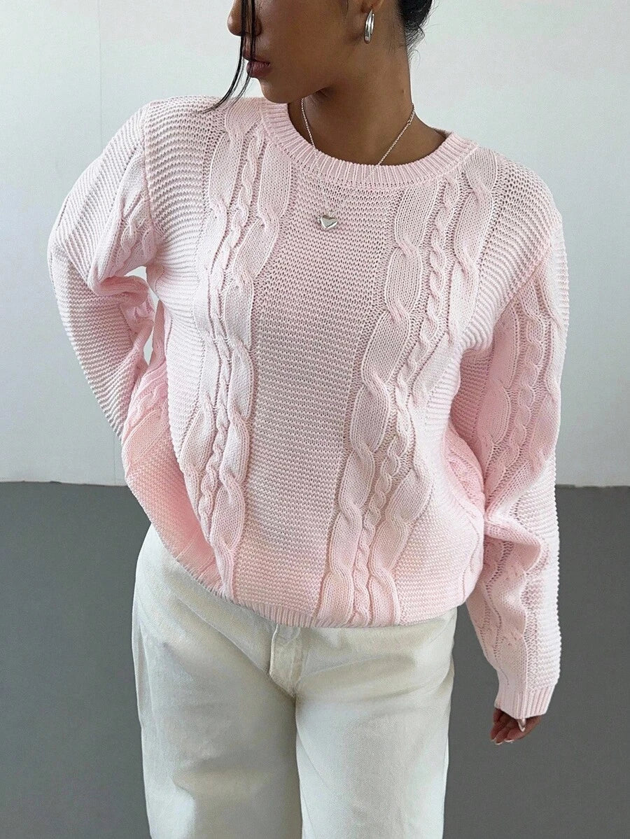 Noemi Relaxed Crew Neck Cable Knit Sweater with Drop Shoulders - Baby Pink
