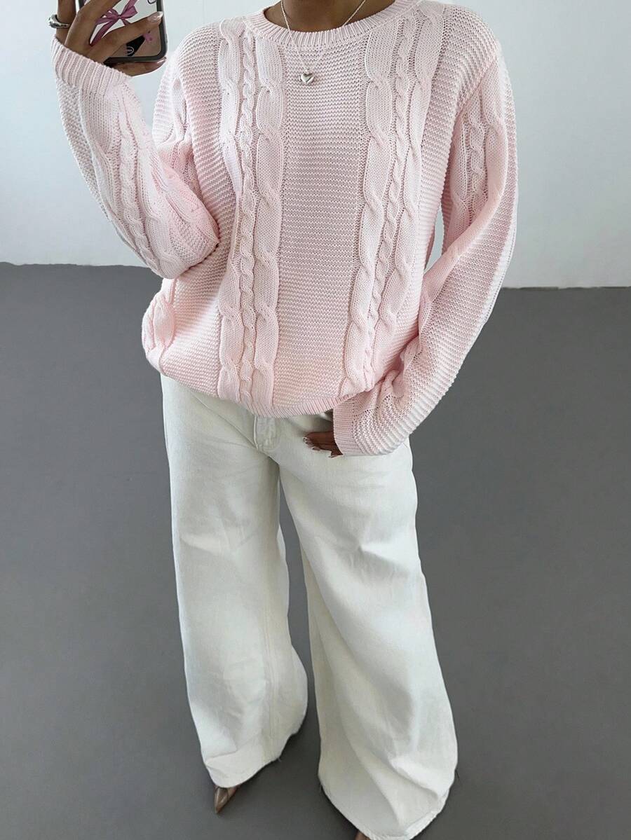 Noemi Relaxed Crew Neck Cable Knit Sweater with Drop Shoulders - Baby Pink