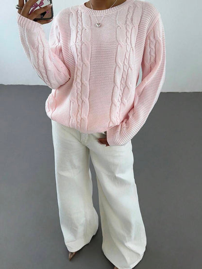 Noemi Relaxed Crew Neck Cable Knit Sweater with Drop Shoulders - Baby Pink