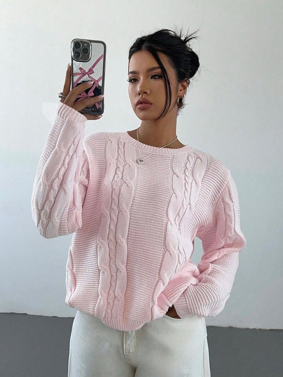 Noemi Relaxed Crew Neck Cable Knit Sweater with Drop Shoulders - Baby Pink