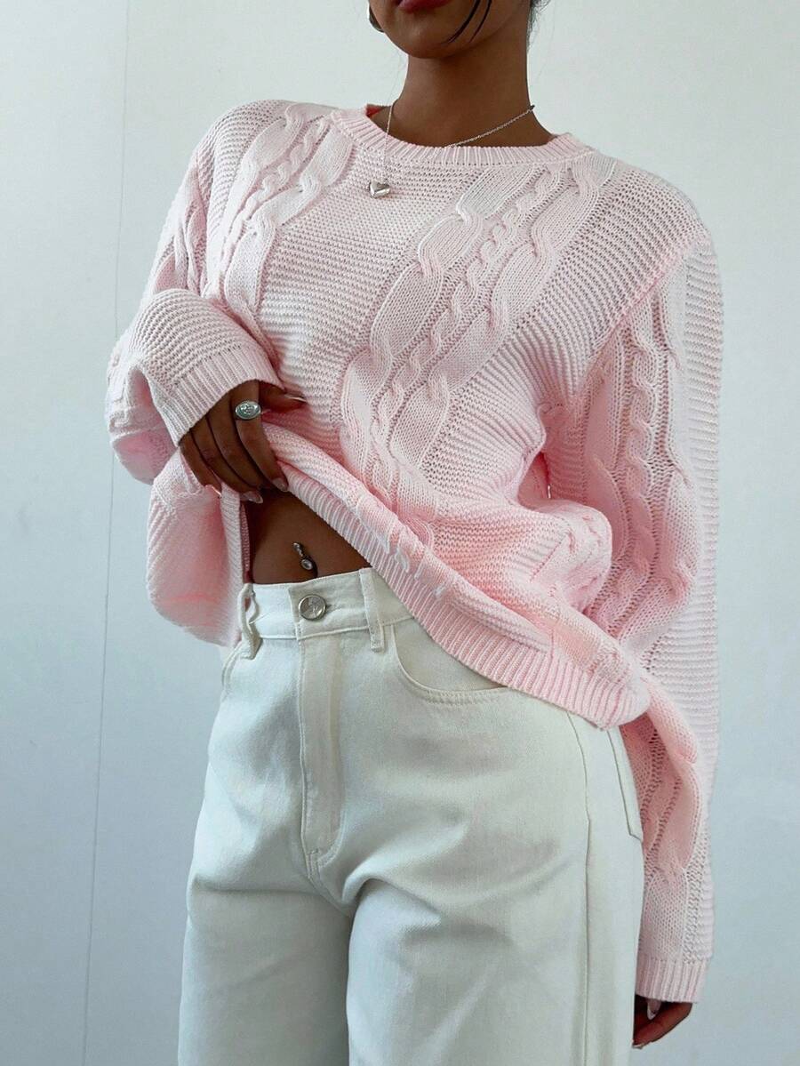 Noemi Relaxed Crew Neck Cable Knit Sweater with Drop Shoulders - Baby Pink