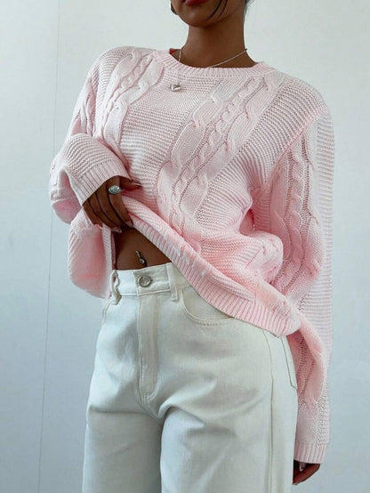 Noemi Relaxed Crew Neck Cable Knit Sweater with Drop Shoulders - Baby Pink