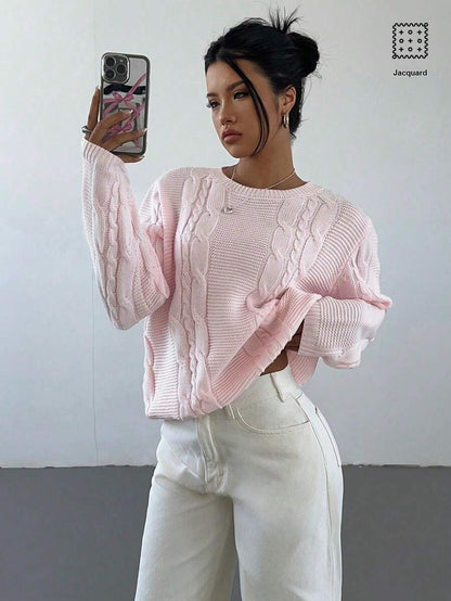 Noemi Relaxed Crew Neck Cable Knit Sweater with Drop Shoulders - Baby Pink