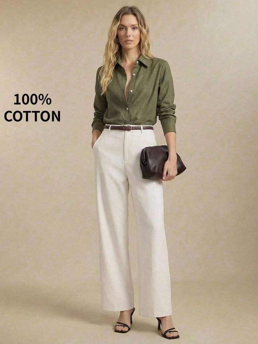 Arabella Classic Collared Button Down Long Sleeve Cotton Shirt - Army Green