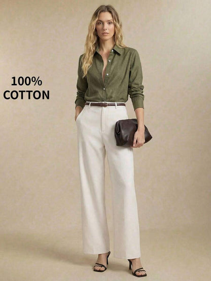 Arabella Classic Collared Button Down Long Sleeve Cotton Shirt - Army Green