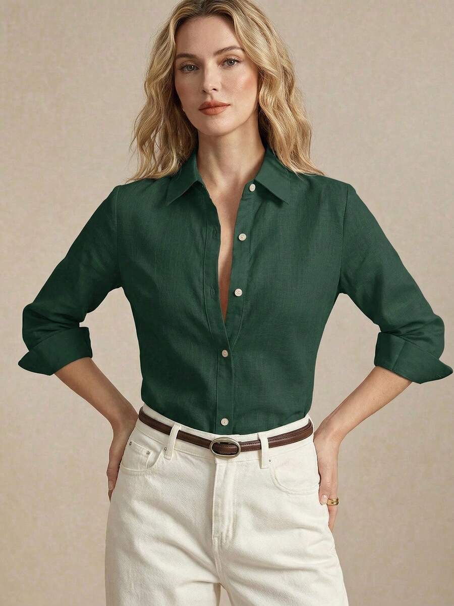 Arabella Classic Collared Button Down Long Sleeve Cotton Shirt - Dark Green