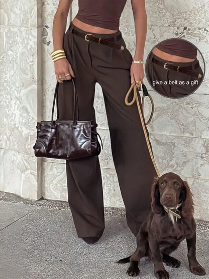 Women's Belted High Waisted Wide Leg Trousers, Tailored Dress Pants for Work Office - Brown