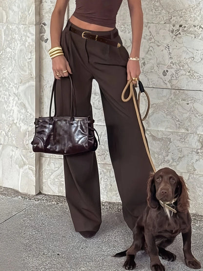 Women's Belted High Waisted Wide Leg Trousers, Tailored Dress Pants for Work Office - Brown