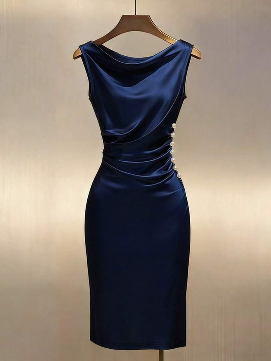 Women's Satin Cowl Neck Midi Dress, Ruched Silky Dress for Wedding Guest and Evening - Champagne