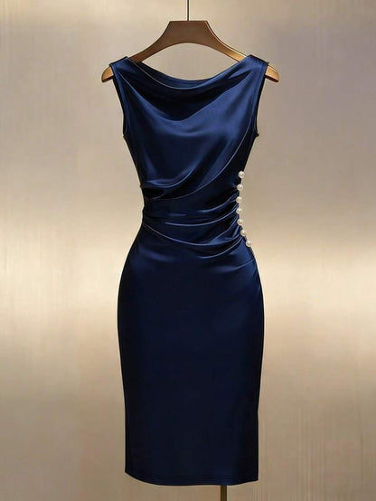 Women's Satin Cowl Neck Midi Dress, Ruched Silky Dress for Wedding Guest and Evening - Champagne