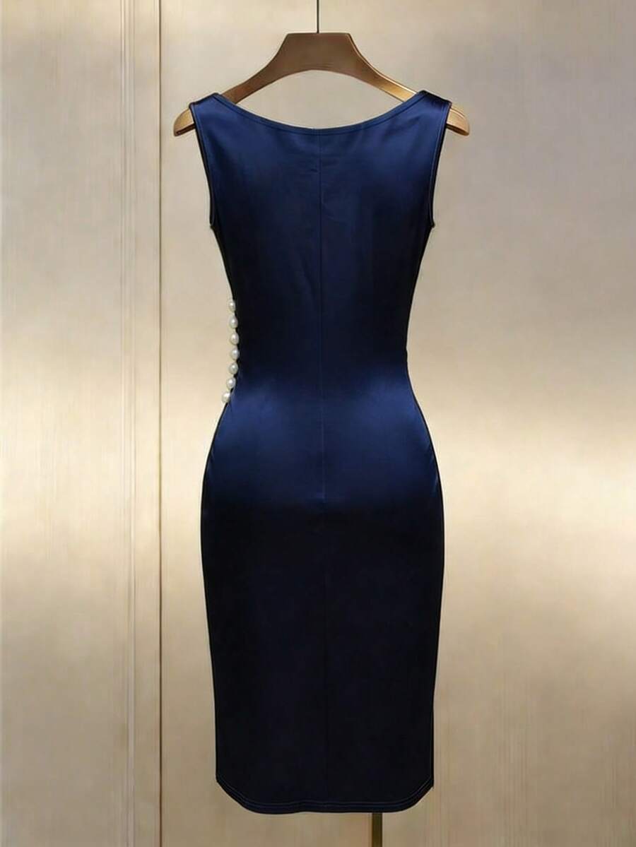 Women's Satin Cowl Neck Midi Dress, Ruched Silky Dress for Wedding Guest and Evening - Champagne