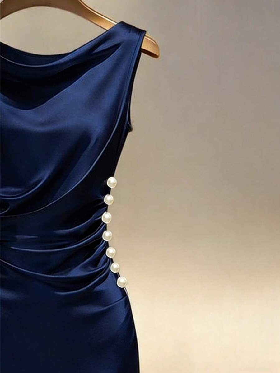 Women's Satin Cowl Neck Midi Dress, Ruched Silky Dress for Wedding Guest and Evening - Champagne