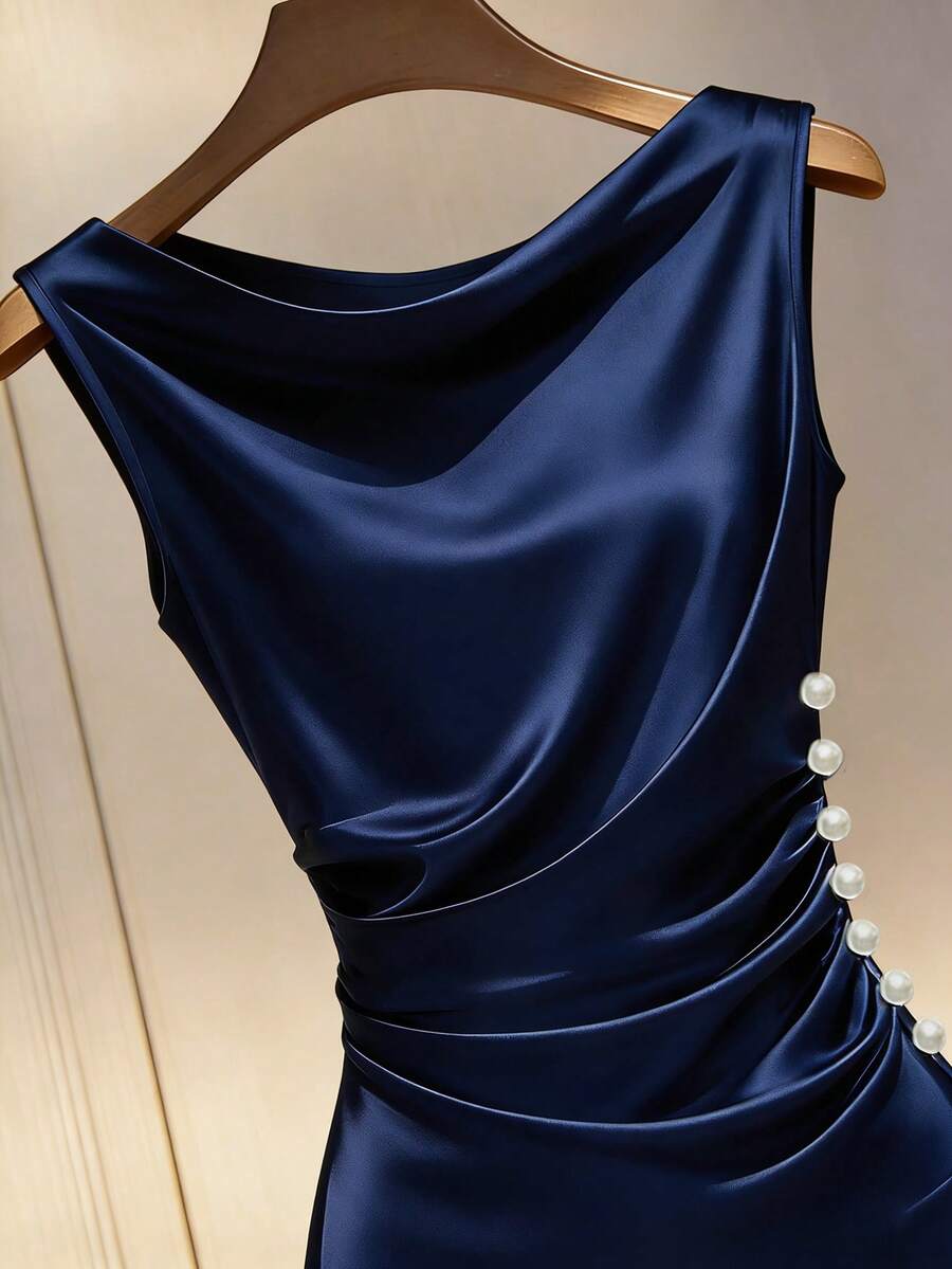 Women's Satin Cowl Neck Midi Dress, Ruched Silky Dress for Wedding Guest and Evening - Champagne