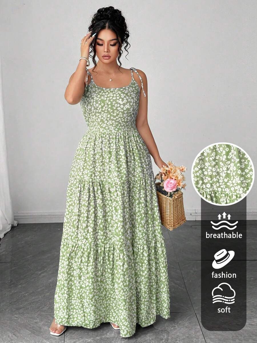 Elenzga Women's Casual Elegant Green Ditsy Floral Spaghetti Strap Backless Dress, Summer Mensa