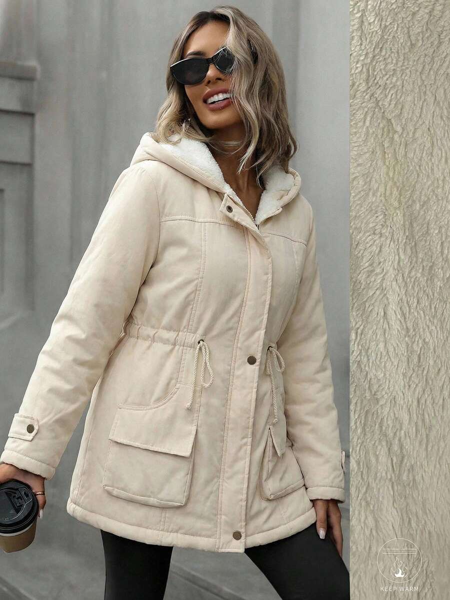 Cassia Hooded Padded Puffer Coat with Drawstring Waist - Cream