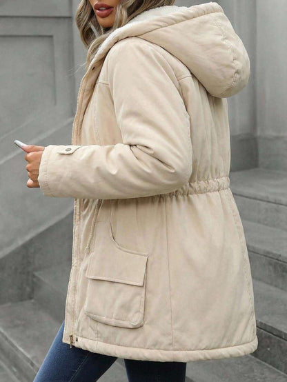 Cassia Hooded Padded Puffer Coat with Drawstring Waist - Cream