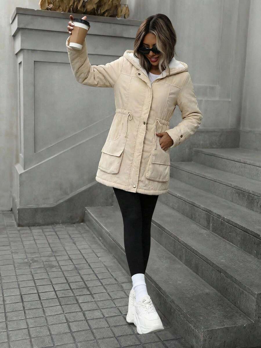 Cassia Hooded Padded Puffer Coat with Drawstring Waist - Cream