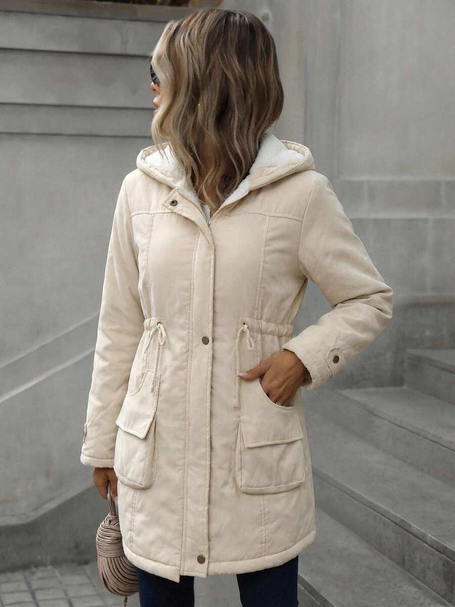 Cassia Hooded Padded Puffer Coat with Drawstring Waist - Cream