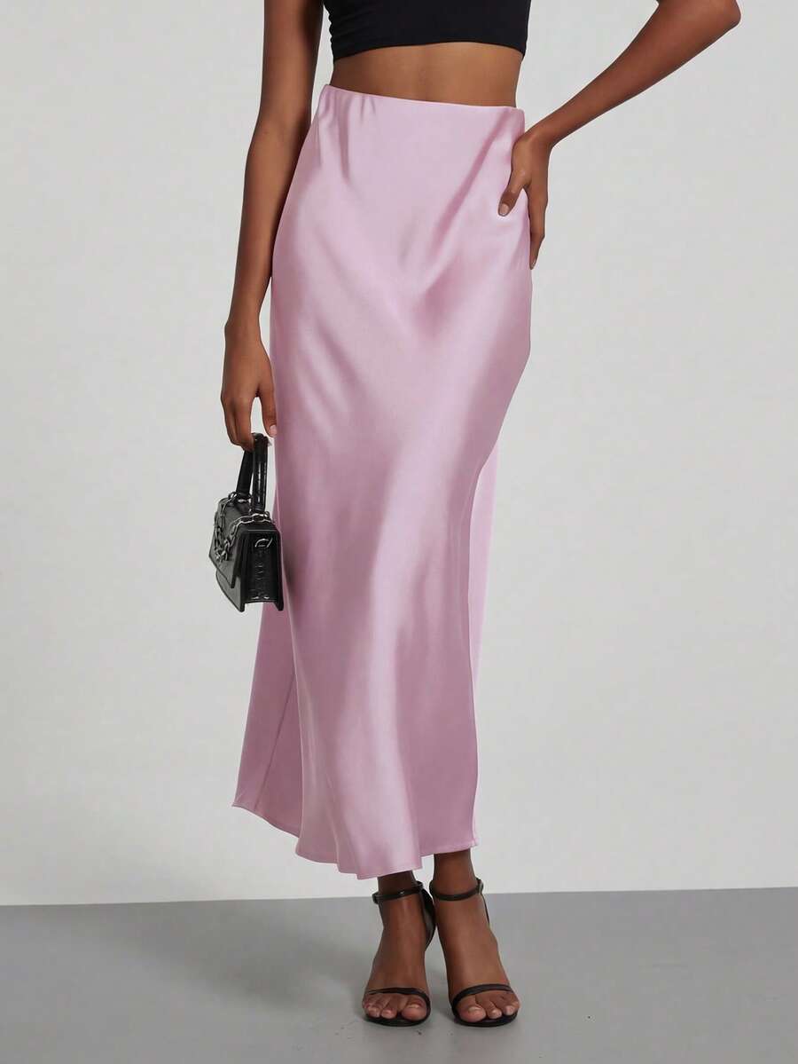 Rosabel Silky Satin Elastic Waist Maxi Slip Skirt - Orchid Pink
