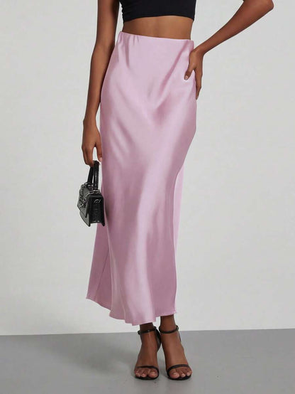 Rosabel Silky Satin Elastic Waist Maxi Slip Skirt - Orchid Pink