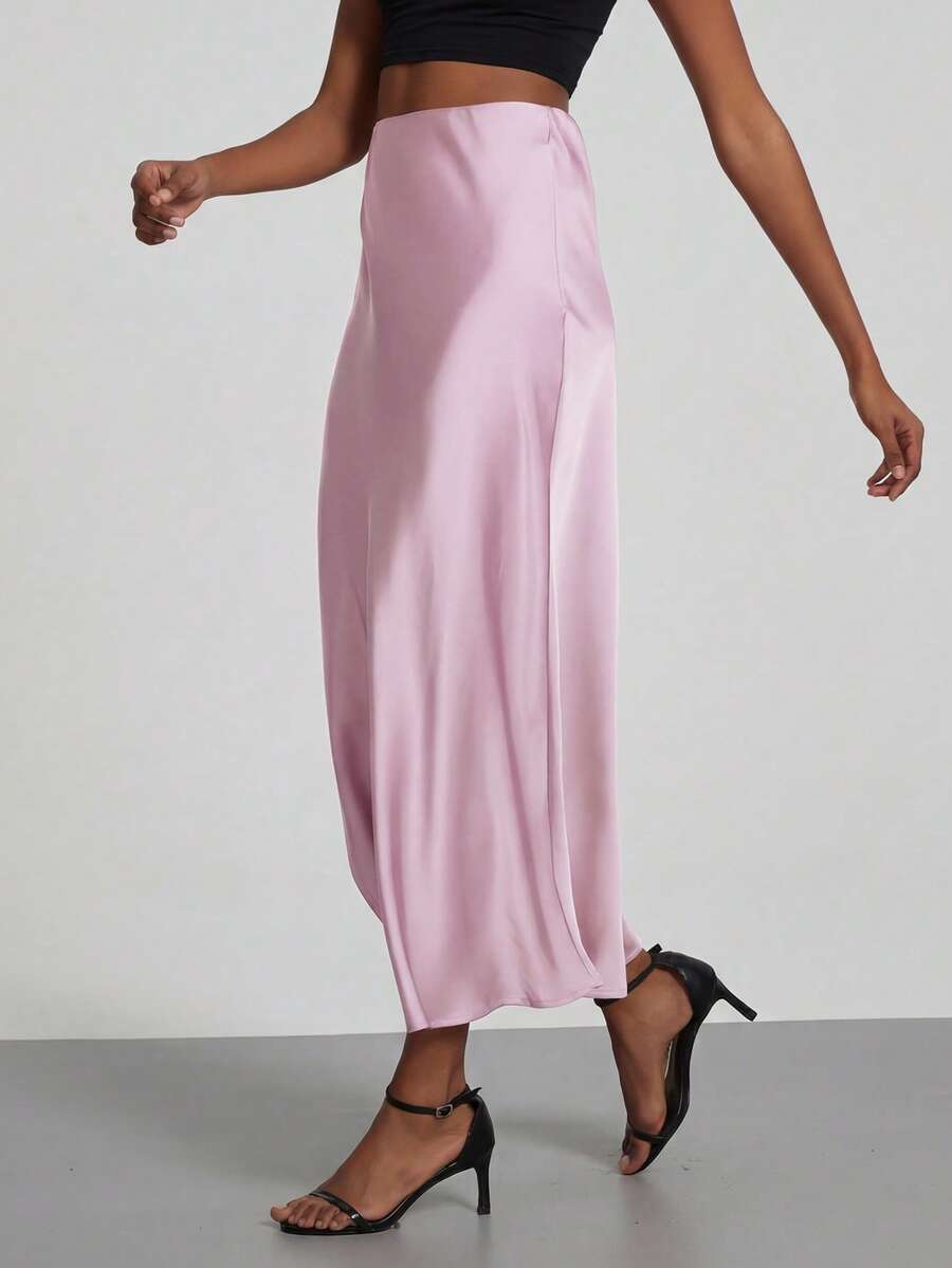 Rosabel Silky Satin Elastic Waist Maxi Slip Skirt - Orchid Pink