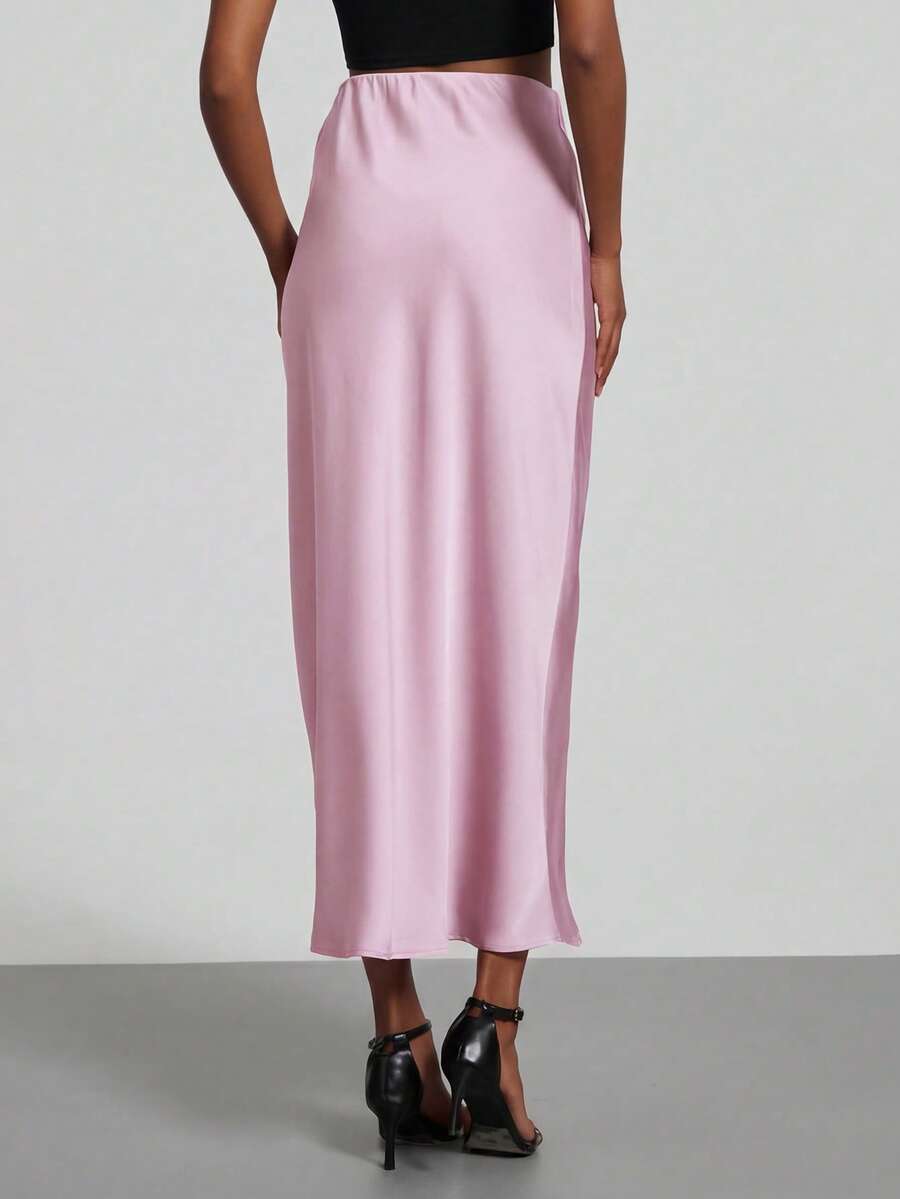 Rosabel Silky Satin Elastic Waist Maxi Slip Skirt - Orchid Pink