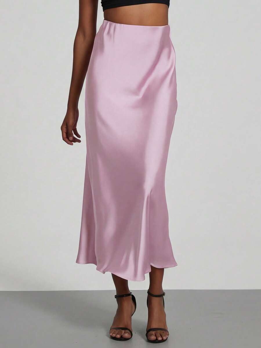 Rosabel Silky Satin Elastic Waist Maxi Slip Skirt - Orchid Pink