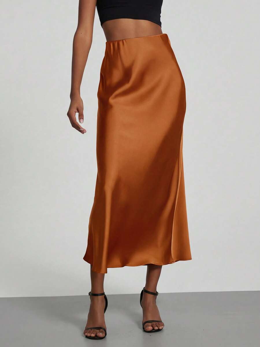 Rosabel Silky Satin Elastic Waist Maxi Slip Skirt - Rust