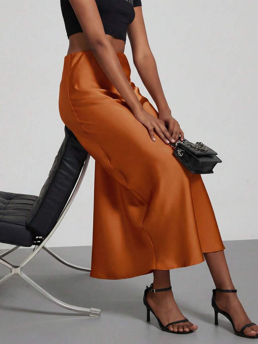 Rosabel Silky Satin Elastic Waist Maxi Slip Skirt - Rust