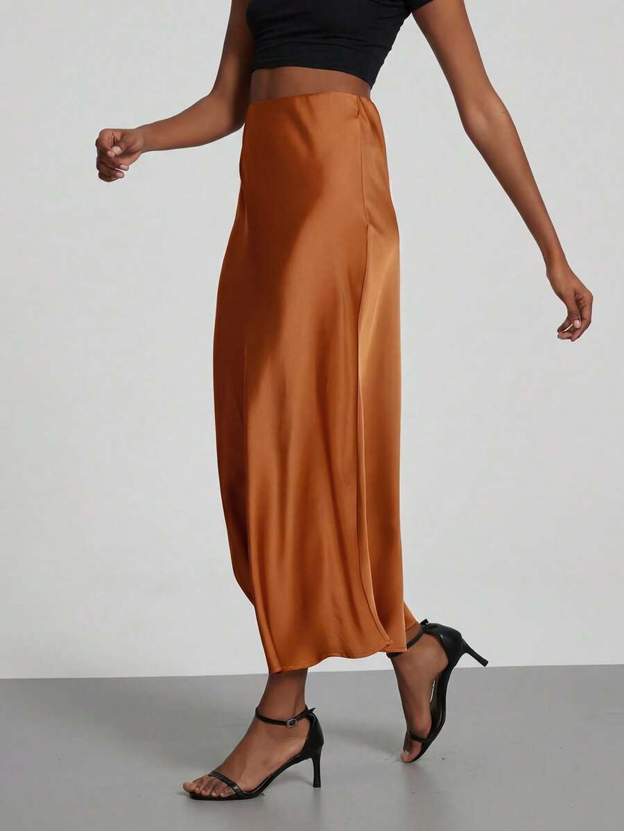 Rosabel Silky Satin Elastic Waist Maxi Slip Skirt - Rust