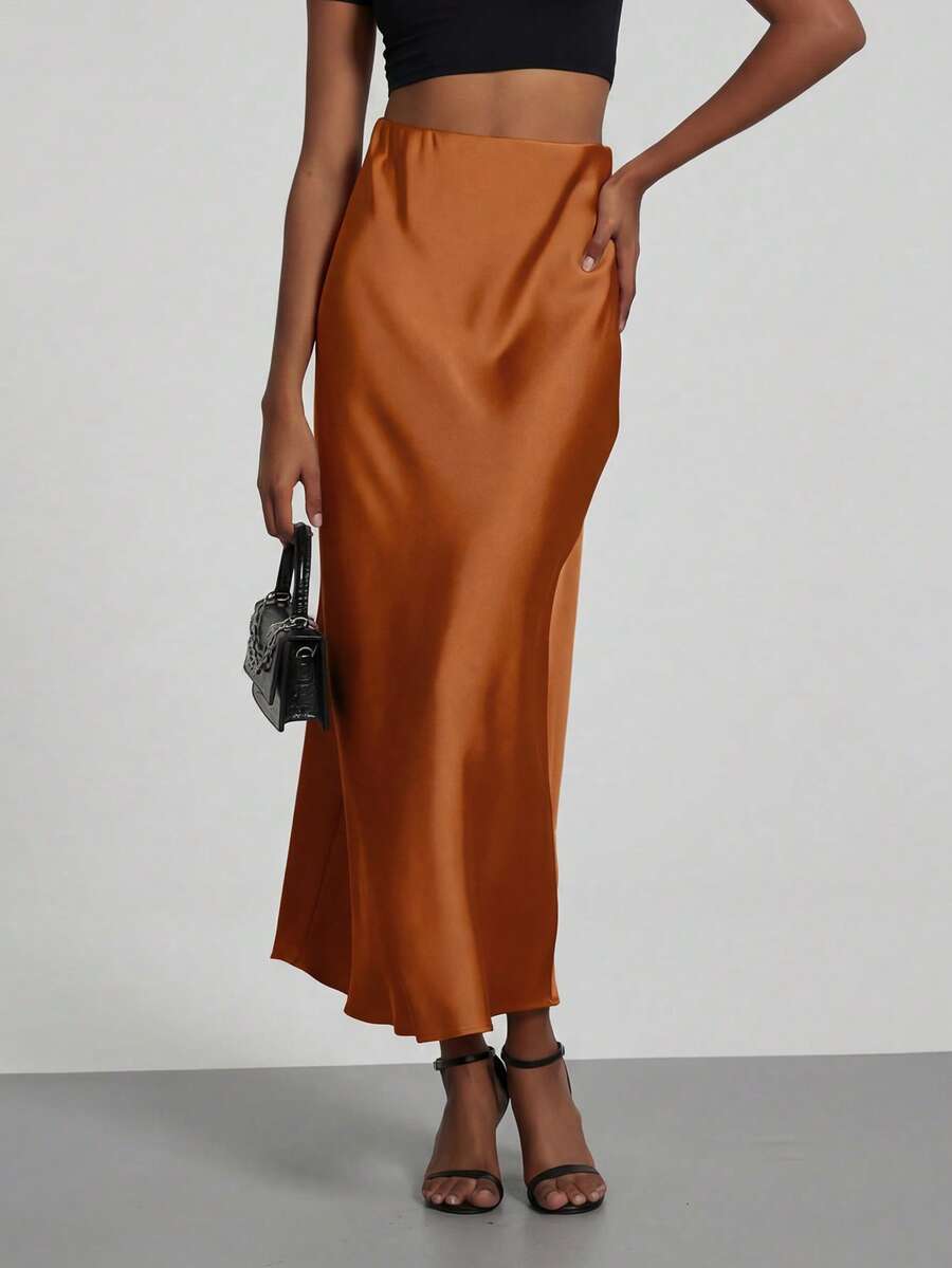 Rosabel Silky Satin Elastic Waist Maxi Slip Skirt - Rust