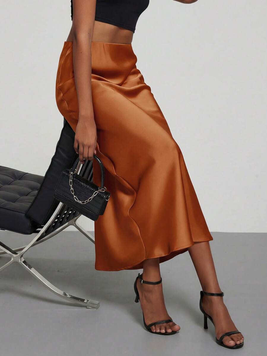 Rosabel Silky Satin Elastic Waist Maxi Slip Skirt - Rust