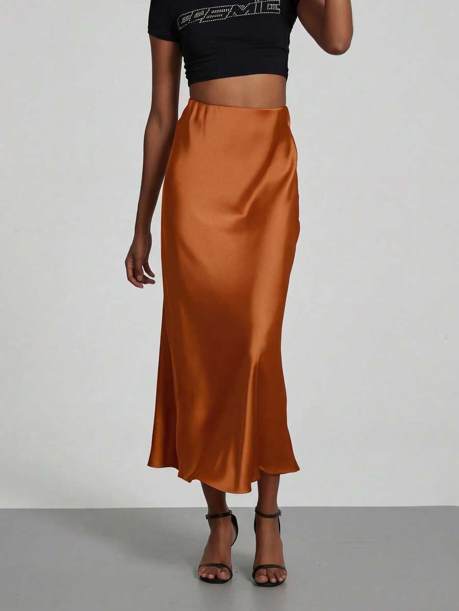 Rosabel Silky Satin Elastic Waist Maxi Slip Skirt - Rust