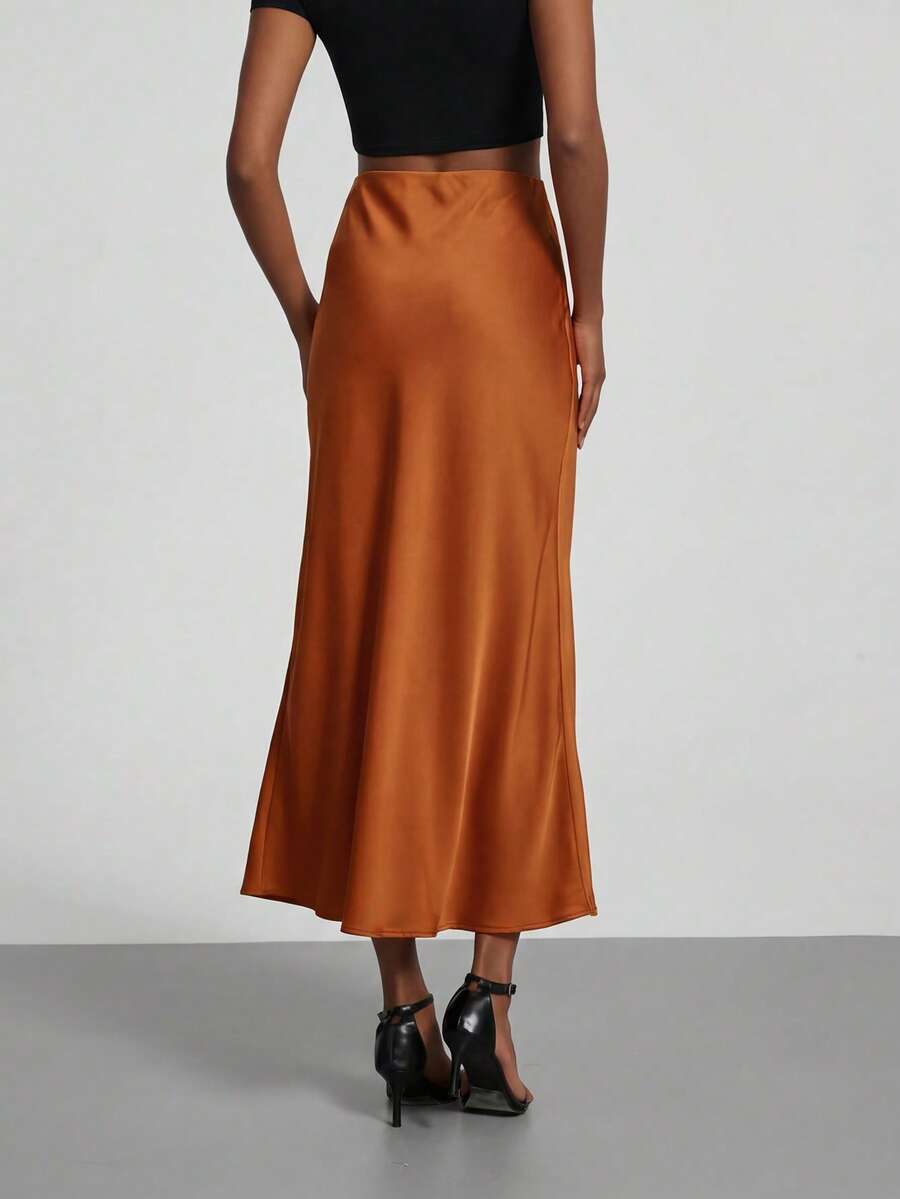 Rosabel Silky Satin Elastic Waist Maxi Slip Skirt - Rust