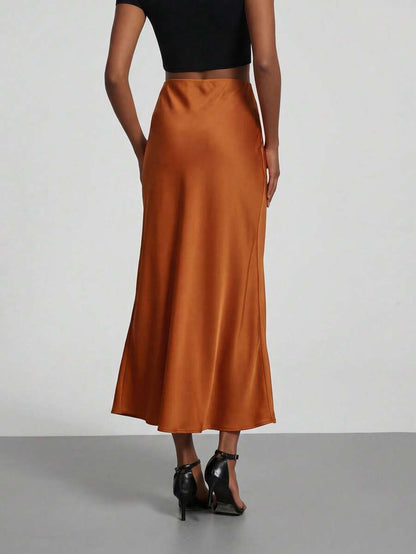 Rosabel Silky Satin Elastic Waist Maxi Slip Skirt - Rust