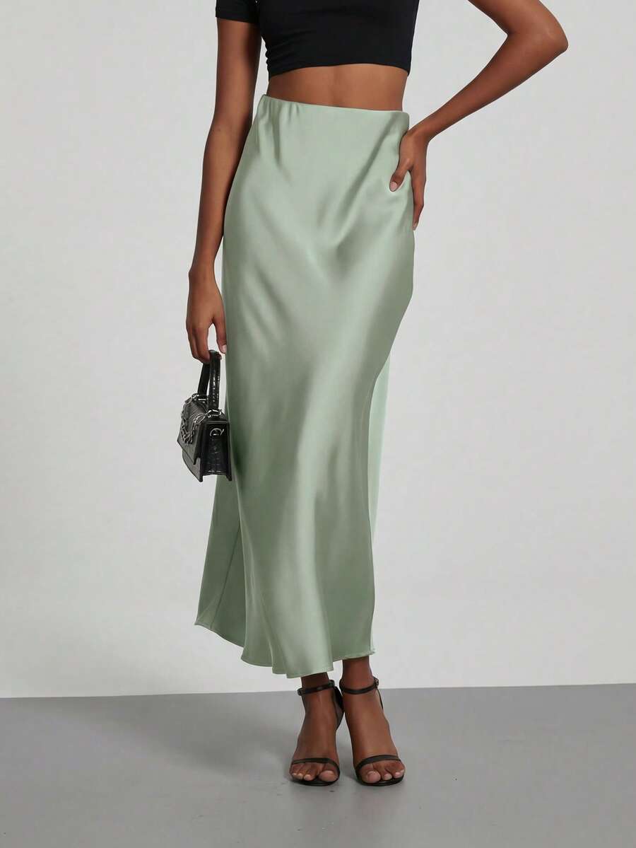 Rosabel Silky Satin Elastic Waist Maxi Slip Skirt - Pale Sage