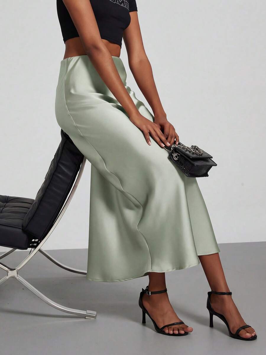 Rosabel Silky Satin Elastic Waist Maxi Slip Skirt - Pale Sage