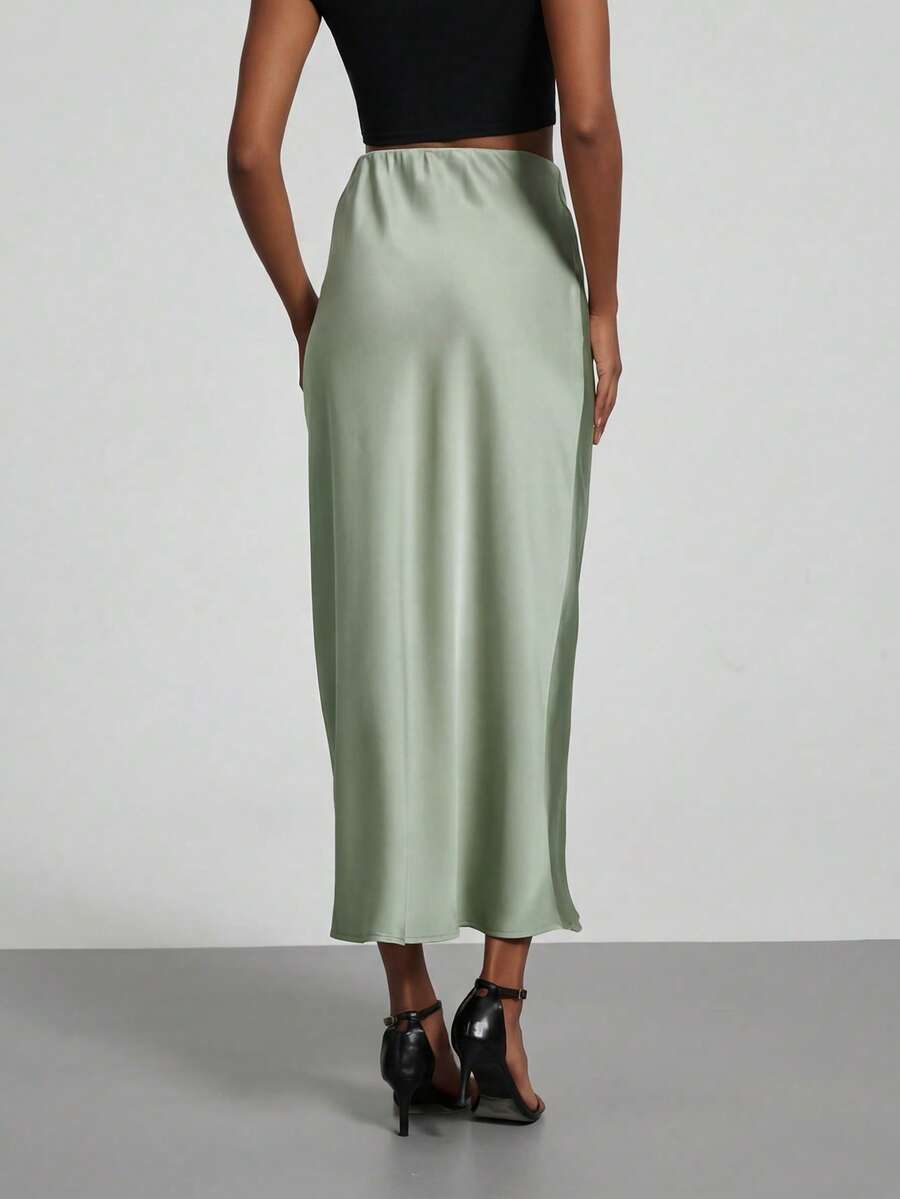 Rosabel Silky Satin Elastic Waist Maxi Slip Skirt - Pale Sage