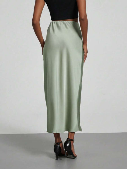 Rosabel Silky Satin Elastic Waist Maxi Slip Skirt - Pale Sage