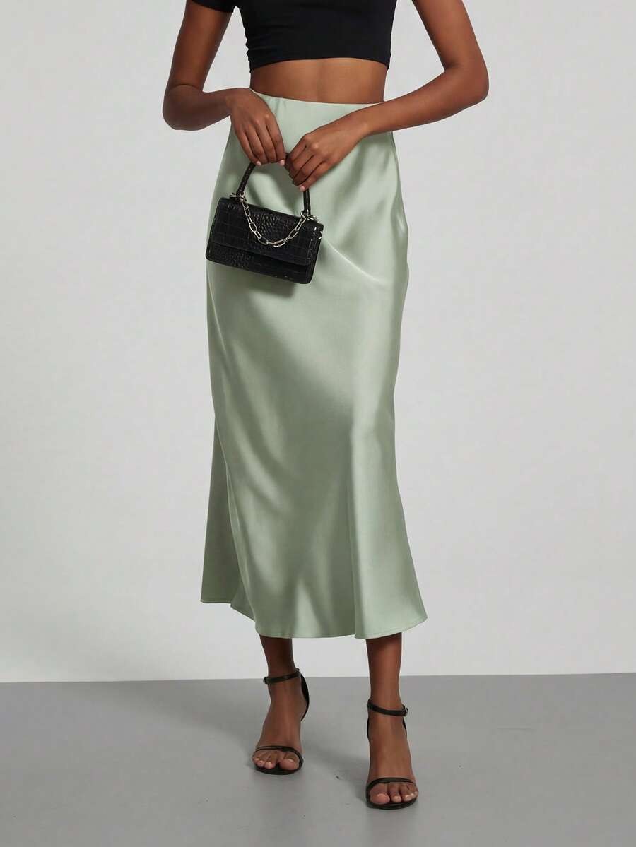 Rosabel Silky Satin Elastic Waist Maxi Slip Skirt - Pale Sage
