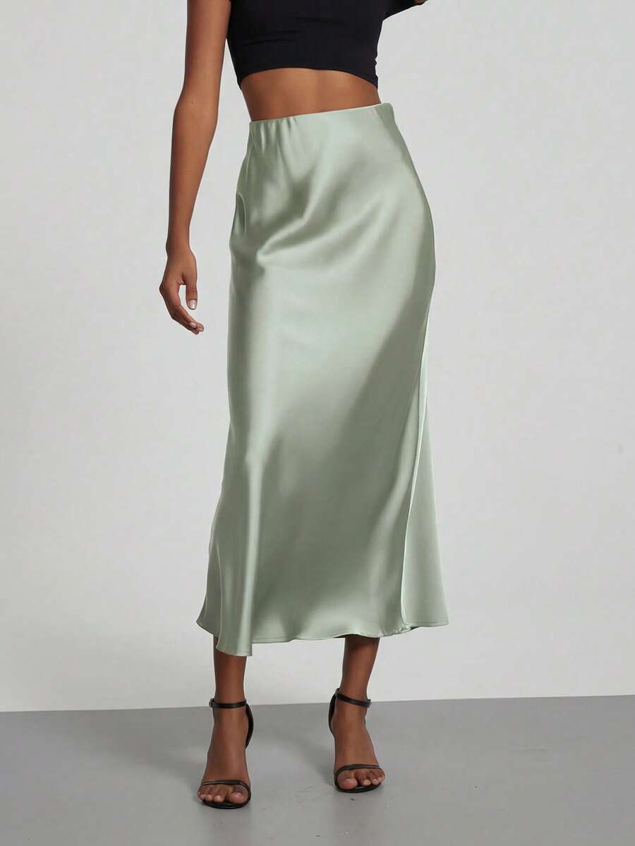 Rosabel Silky Satin Elastic Waist Maxi Slip Skirt - Pale Sage