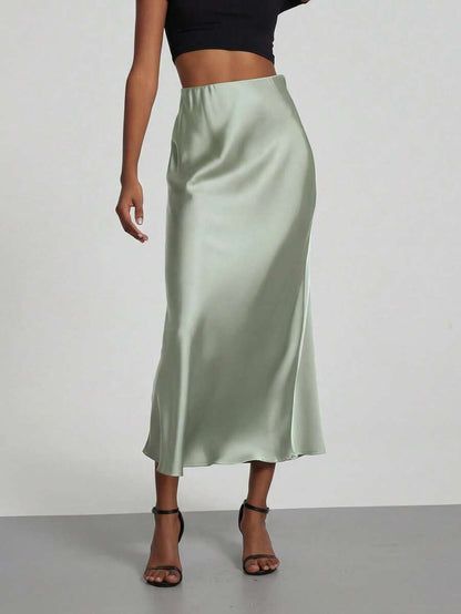 Rosabel Silky Satin Elastic Waist Maxi Slip Skirt - Pale Sage