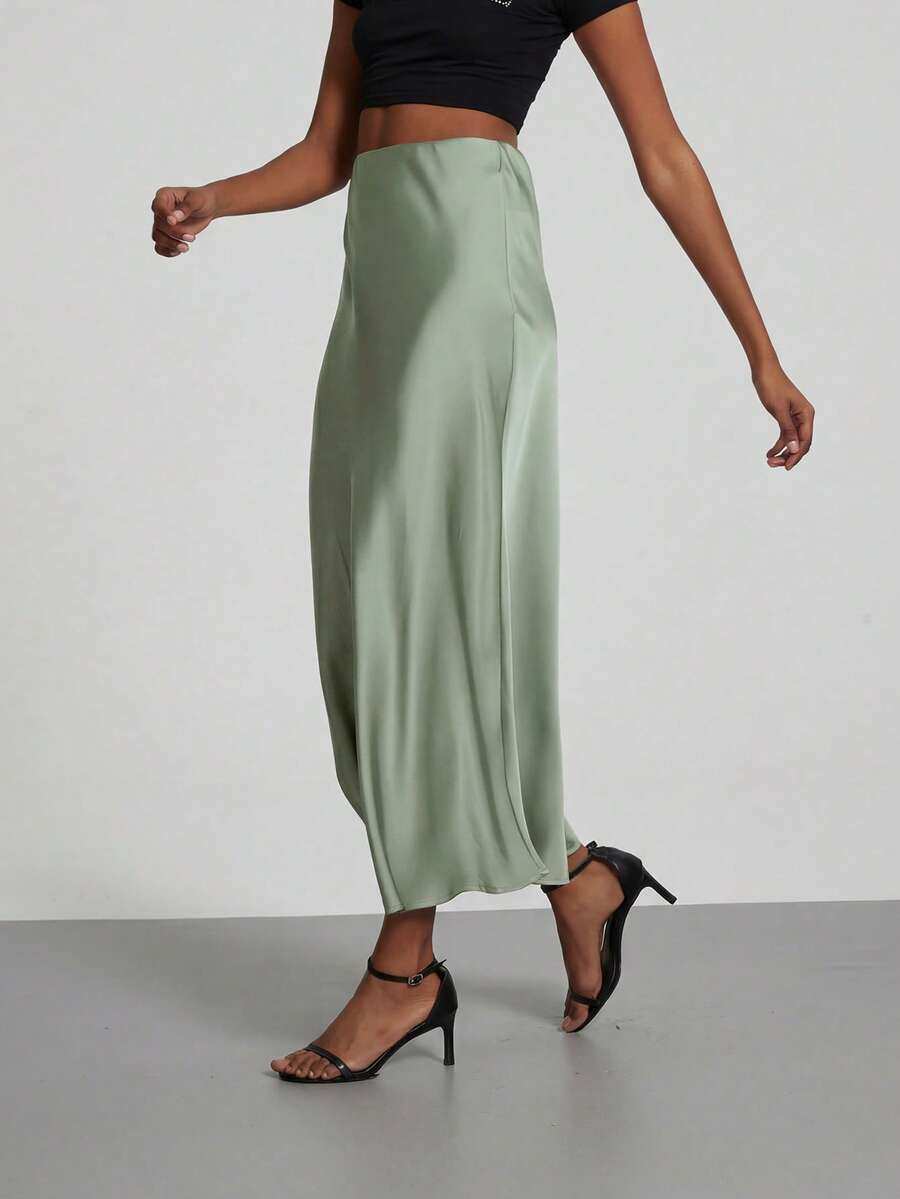 Rosabel Silky Satin Elastic Waist Maxi Slip Skirt - Pale Sage