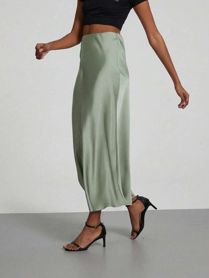 Rosabel Silky Satin Elastic Waist Maxi Slip Skirt - Pale Sage