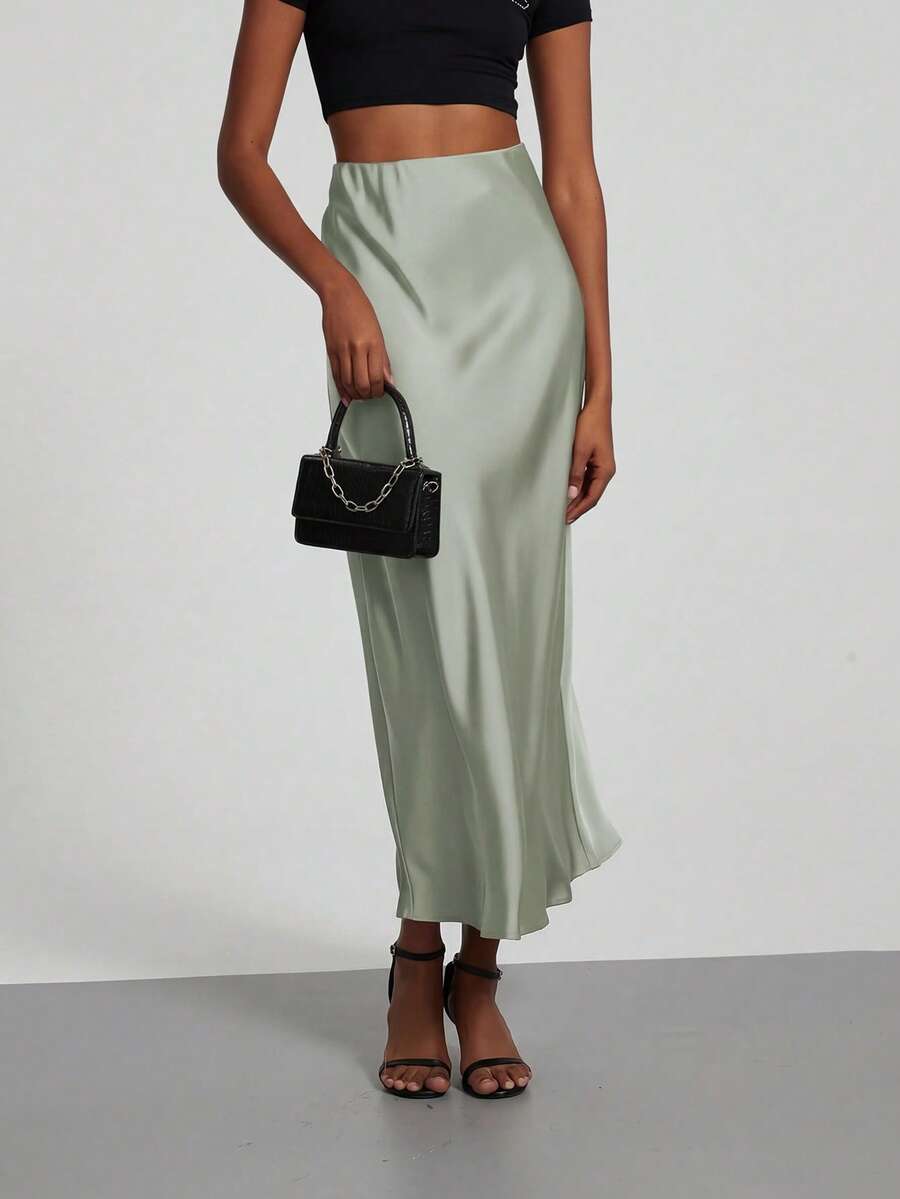 Rosabel Silky Satin Elastic Waist Maxi Slip Skirt - Pale Sage